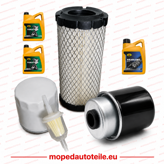 V2 Kit d’entretien + 2 L d’huile moteur (5W30) + 1 L d’huile de boîte de vitesses (80W90), Lombardini 442/492/480 DCI : filtre à huile, filtre à air et 2 filtres à gazole (version 2)