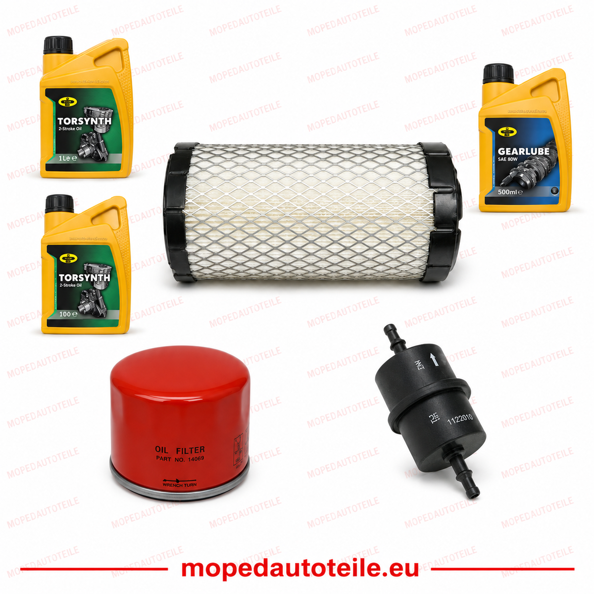 Kit d'entretien + 2L d'huile moteur (10W40) + 1L d'huile de boîte de vitesses (80W90), Lombardini Focs/Progress LWD 502(505) Filtre à huile Filtre à air Filtre à carburant diesel